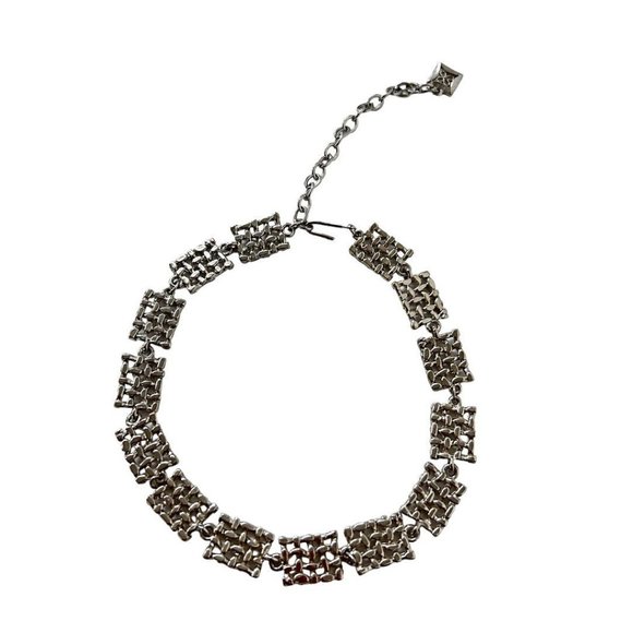 Vintage Choker Necklace 12-15" Pierced Silvertone Geometric Links - Picture 5 of 6